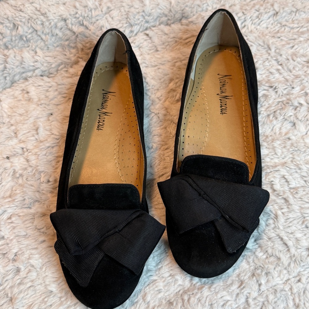 Neiman Marcus Black Suede Bow Loafers